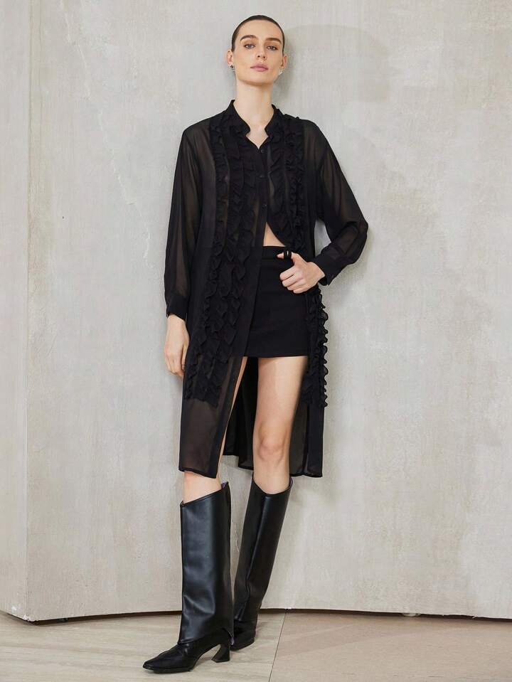 CM-TS498068 Women Casual Seoul Style Chiffon Sheer Ruffle Hem Design Multi-Layer Flowing Long Sleeve Blouse