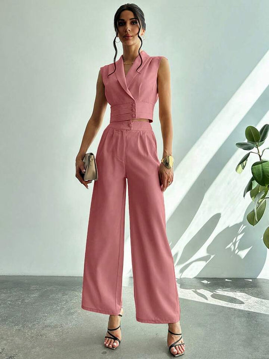 CM-SS413641 Women Elegant Seoul Style Collared Fitted Cap Sleeve Shirt With Straight-Leg Pants Suit - Dusty Pink