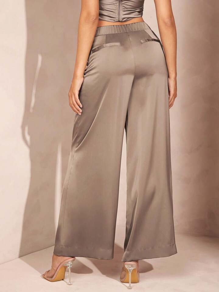 CM-BS689339 Women Elegant Seoul Style Flip-Up Satin Wide-Leg Straight Trousers - Dark Gray