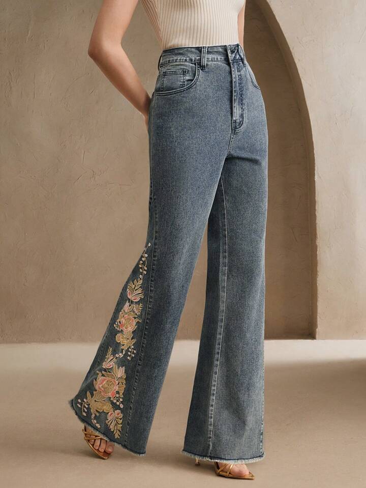 CM-BS720720 Women Elegant Seoul Style Floral Embroidered High Waist Wide Leg Denim Jeans - Blue