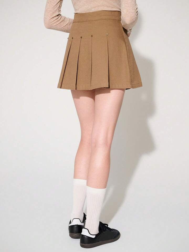CM-BS891207 Women Casual Seoul Style Pleated Denim Mini Skirt - Khaki