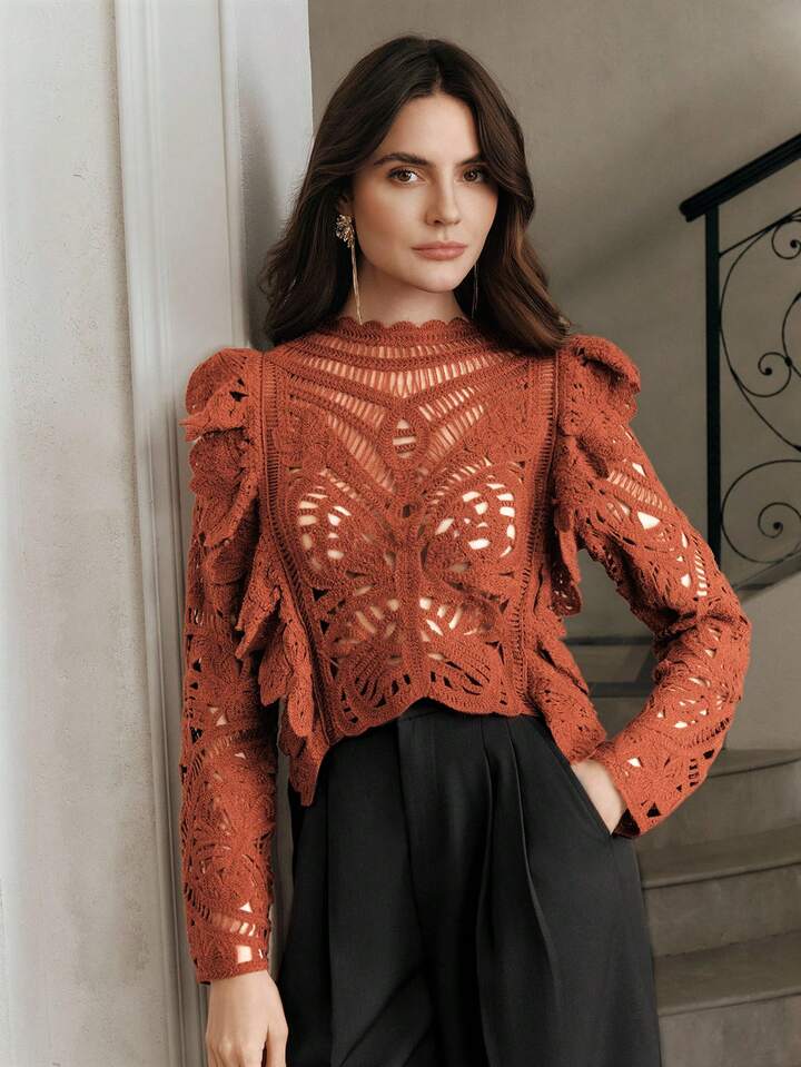 CM-TS490712 Women Casual Seoul Style Symmetrical Floral Pattern Cropped Ruffled Hem Knit Top - Rust Brown