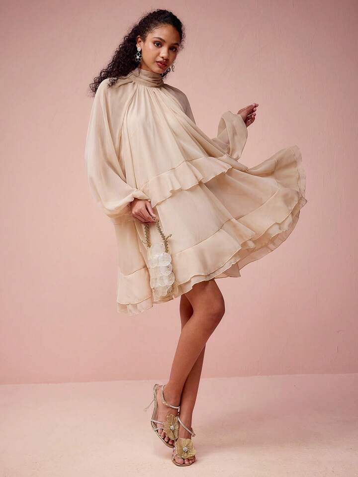 CM-DS462377 Women Elegant Seoul Style Stand Collar Lantern Sleeve Ruffled Short Dress - Apricot