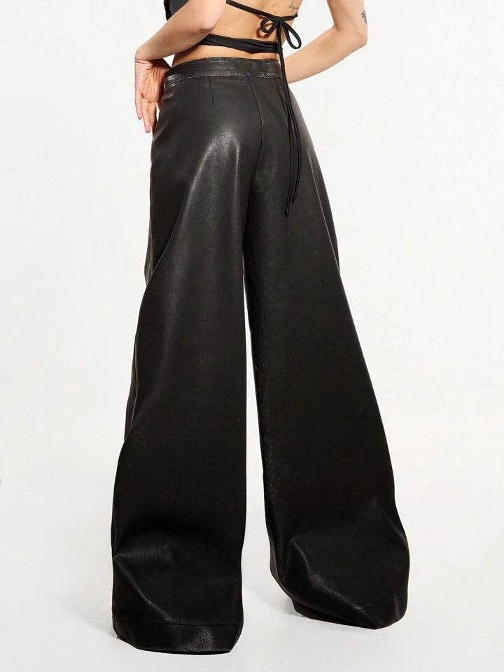 CM-BS959908 Women Elegant Seoul Style Solid Color High Waisted Extra Long Wide Leg Pants