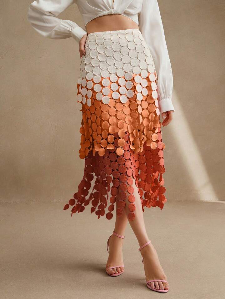 CM-BS433333 Women Trendy Bohemian Style Hollow Out Embroidery Tassel High Waist Flowy Skirt - Orange