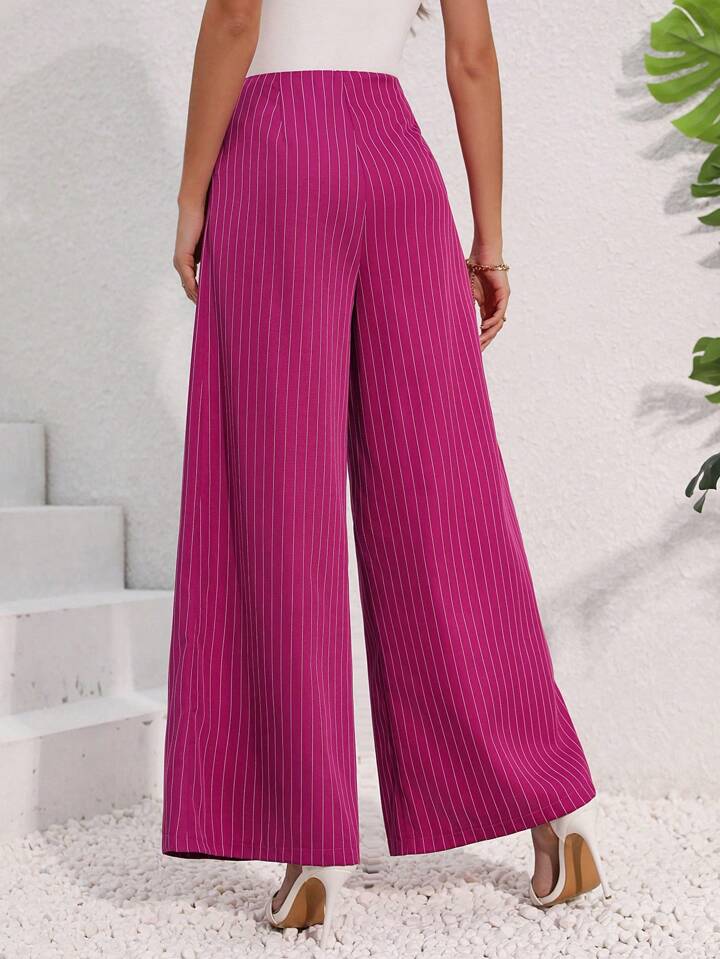 CM-BS907070 Women Casual Seoul Syle Striped High Waist Pleated Wide Leg Pants