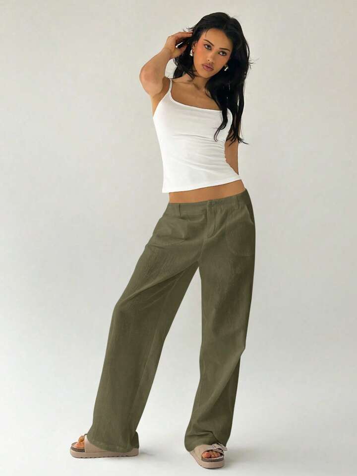 CM-BS270751 Women Casual Seoul Style Solid Color Low Waist Loose Straight Leg Pants - Army Green