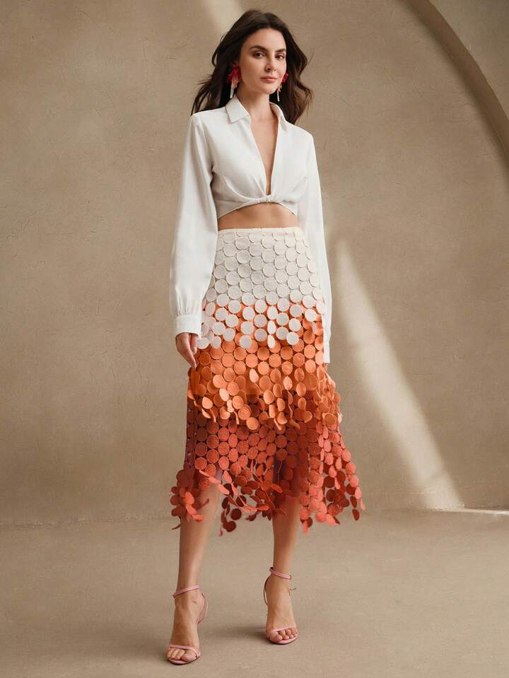 CM-BS433333 Women Trendy Bohemian Style Hollow Out Embroidery Tassel High Waist Flowy Skirt - Orange