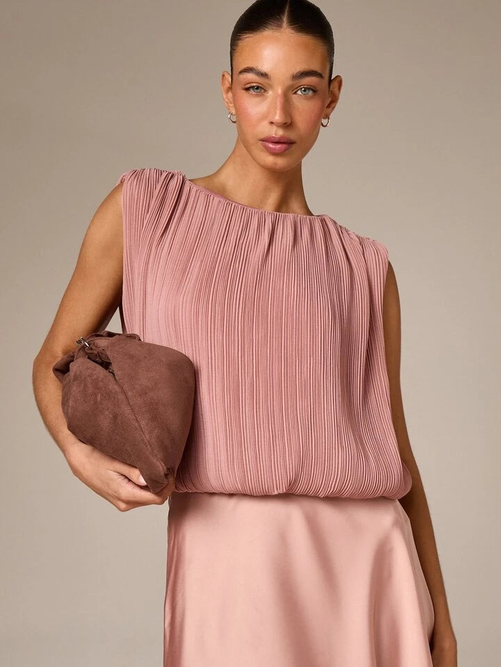 CM-TS550228 Women Casual Seoul Style Crew Neck Pleated Sleeveless Blouse - Pink