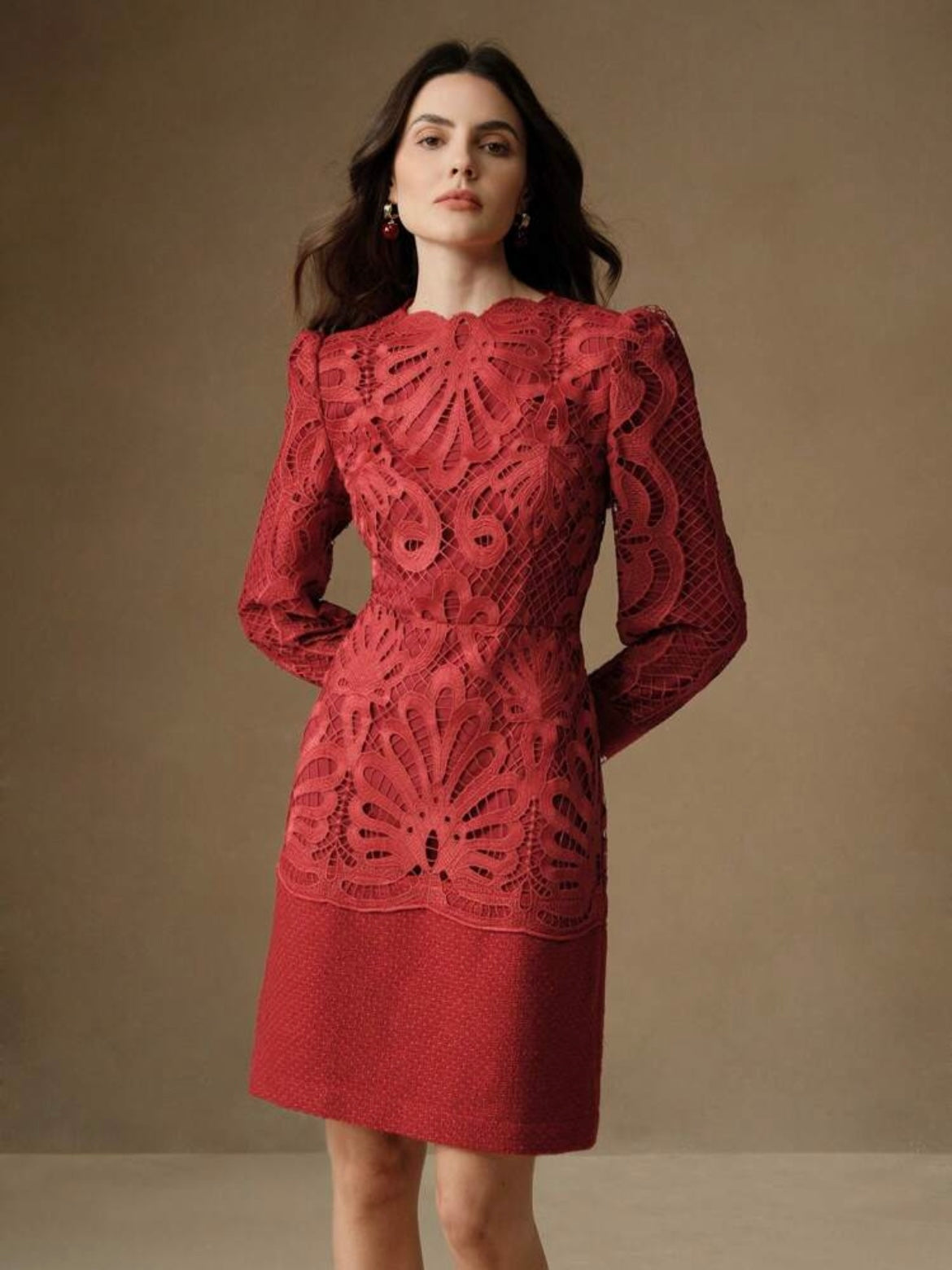 CM-DS114407 Women Elegant Seoul Style Stand Collar Long Sleeve Lace Patchwork Cheongsam Dress - Burgundy