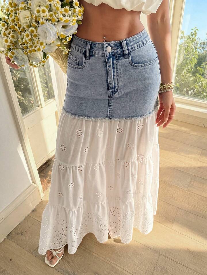CM-BS483954 Women Casual Seoul Style Low Waist Hollow-Out Embroidery Patchwork Denim Skirt