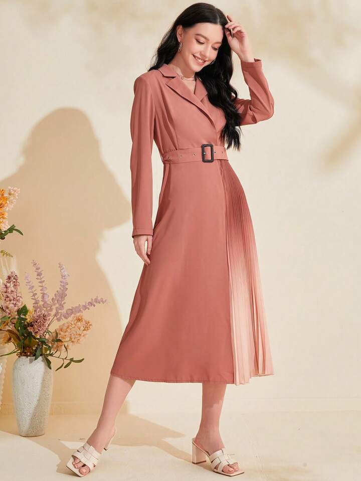 CM-DS184274 Women Elegant Seoul Style Color-Blocked Collar Pleated Hem Belted Dress - Dusty Pink