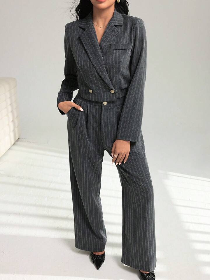 CM-SS215465 Women Elegant Seoul Style Striped Tie-Back Short Jacket With Wide-Leg Pants - Set