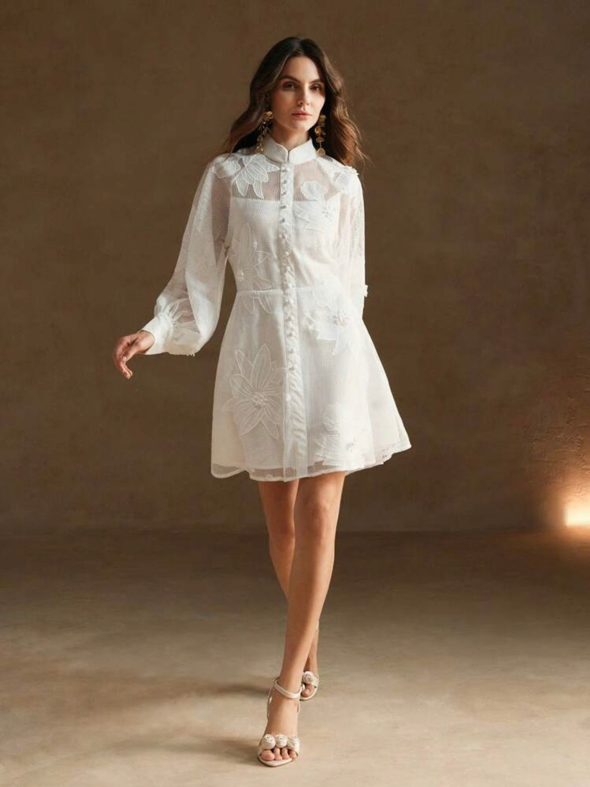 CM-DS866565 Women Elegant Seoul Style Collar Neckline Lace Cinched Waist Lantern Sleeve Dress - White