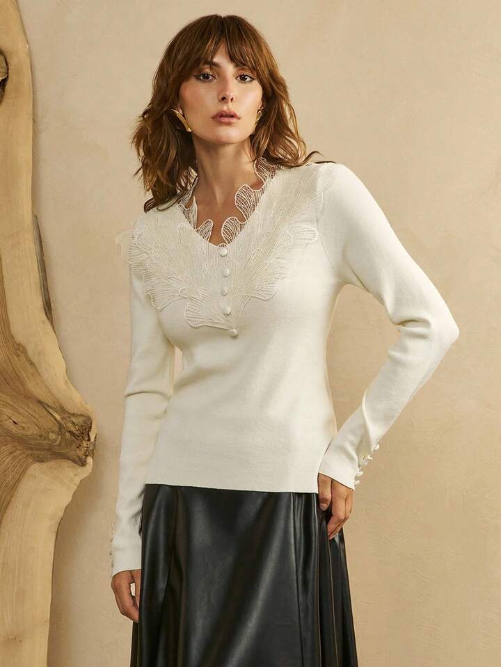 CM-CS100055 Women Elegant Seoul Style V-Neck Lace Petal Placket Cuffs Mushroom Button Long-Sleeved Sweater Top