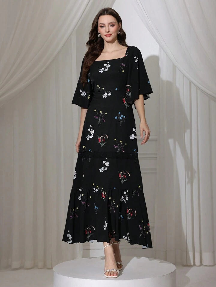 CM-DS851963 Women Elegant Seoul Style Square Neck Flounce Sleeve High Waist Long Dress