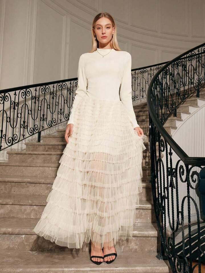 CM-DS625857 Women Elegant Seoul Style Stand Collar Long Sleeve Mesh Patchwork Dress - White
