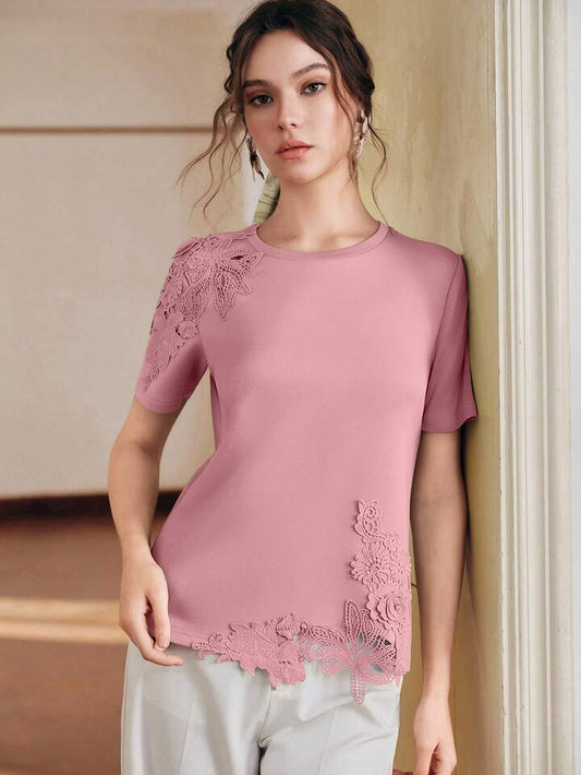 CM-TS182900 Women Elegant Seoul Style Round Neck Short Sleeve Lace Patchwork 3D Embroidered Floral Knit T-Shirt - Dusty Pink