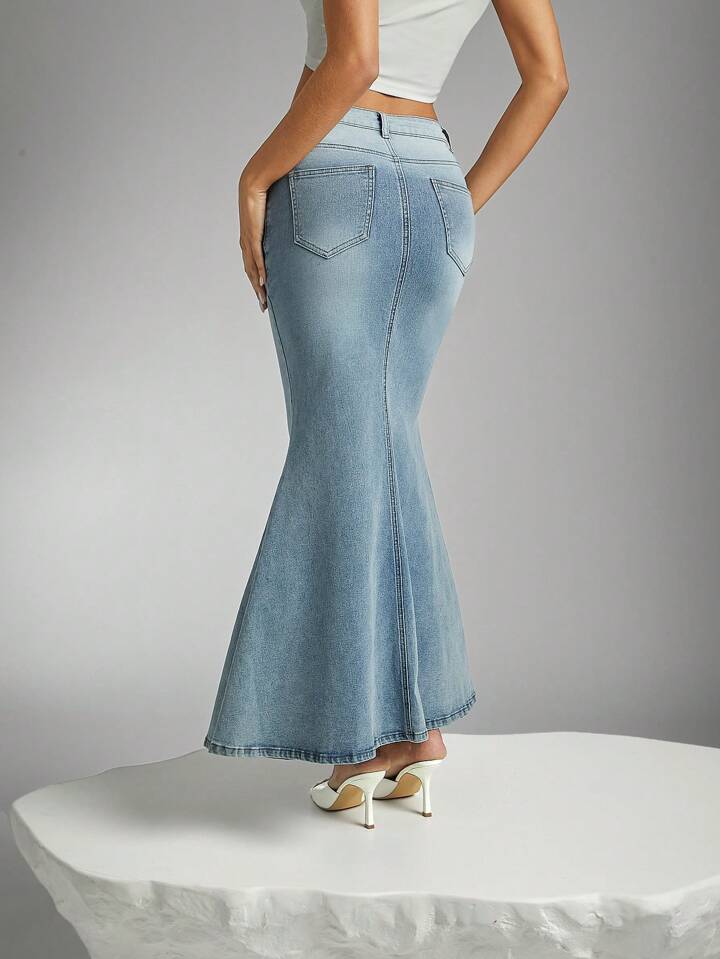 CM-BS459927 Women Casual Seoul Style Light Wash Pocket Split Hem Mermaid Denim Maxi Skirt