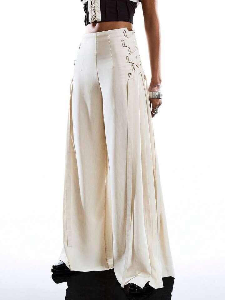 CM-BS055171 Women Casual Seoul Style Solid Color Minimalist Tie-Up Pants Dress Over Pants - Khaki