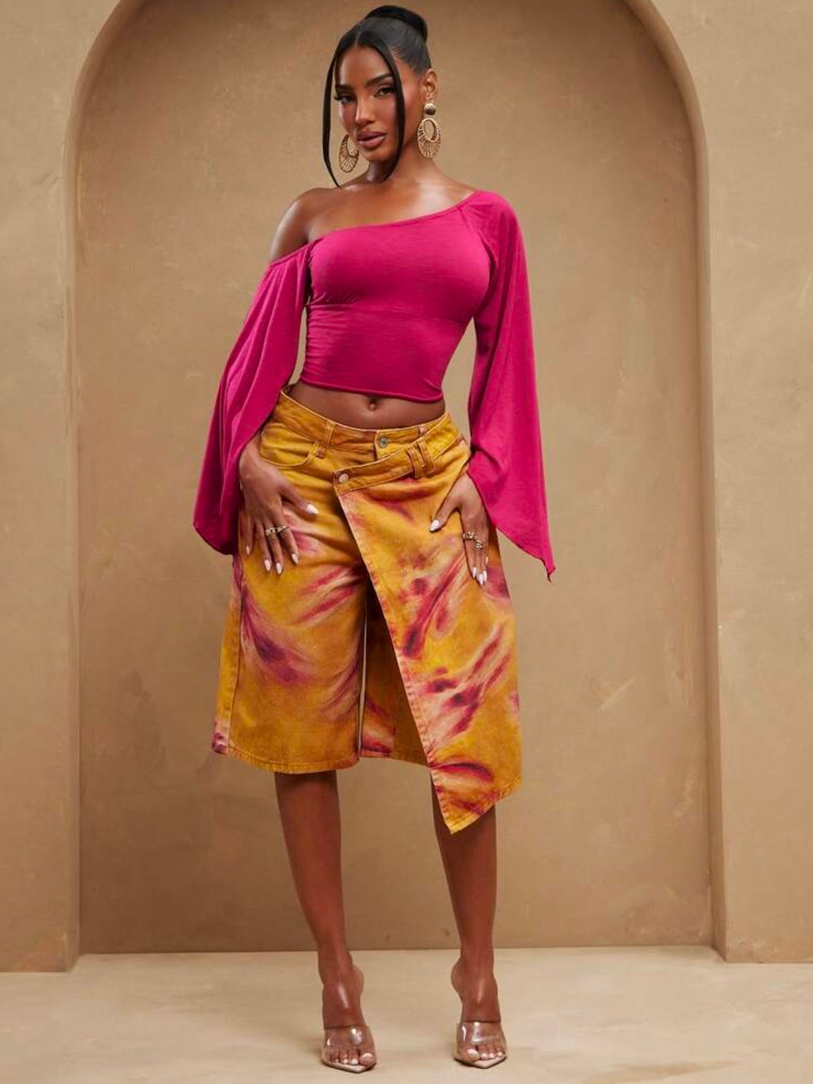CM-BS733636 Women Casual Seoul Style Mid Waist Crossover Tie Dye Skirt Loose Baggy Denim Short