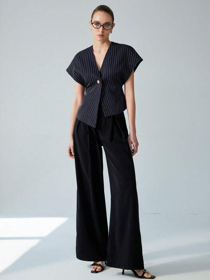 CM-TS891692 Women Casual Seoul Style V-Neck Open Front Asymmetrical Hemline Sleeveless Blouse