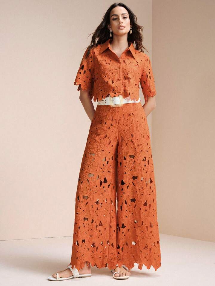 CM-SS712688 Women Trendy Bohemian Style Laser Cut Out Embroidered Short Sleeve Crop Top With Wide Leg Pants - Set