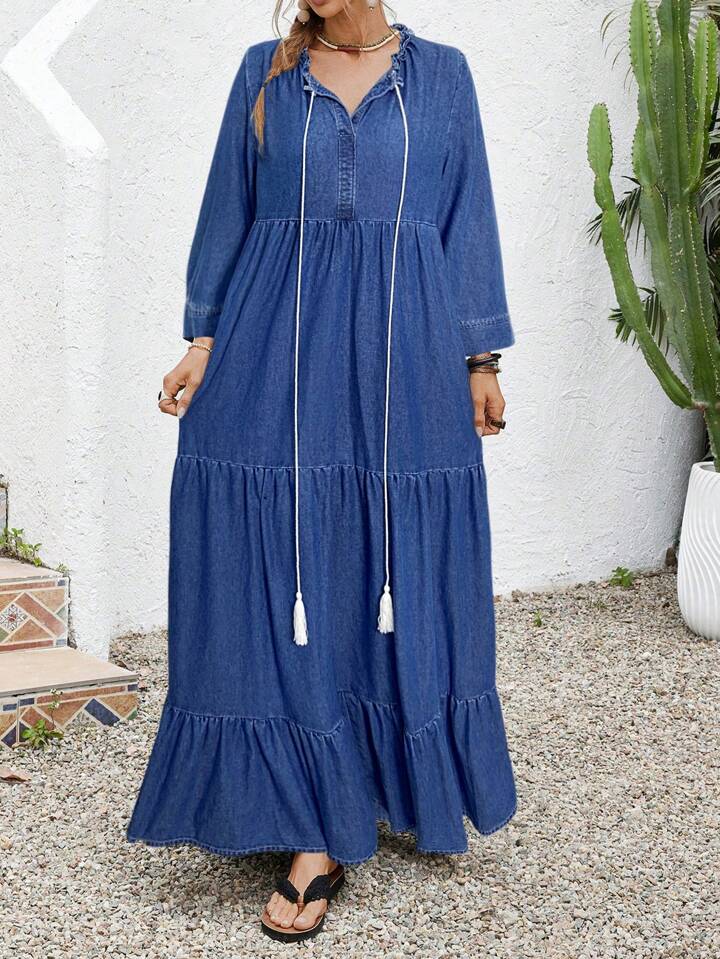 CM-DS659151 Women Trendy Bohemian Style Medium Wash Round Neck 3/4 Sleeve Loose Long Denim Dress