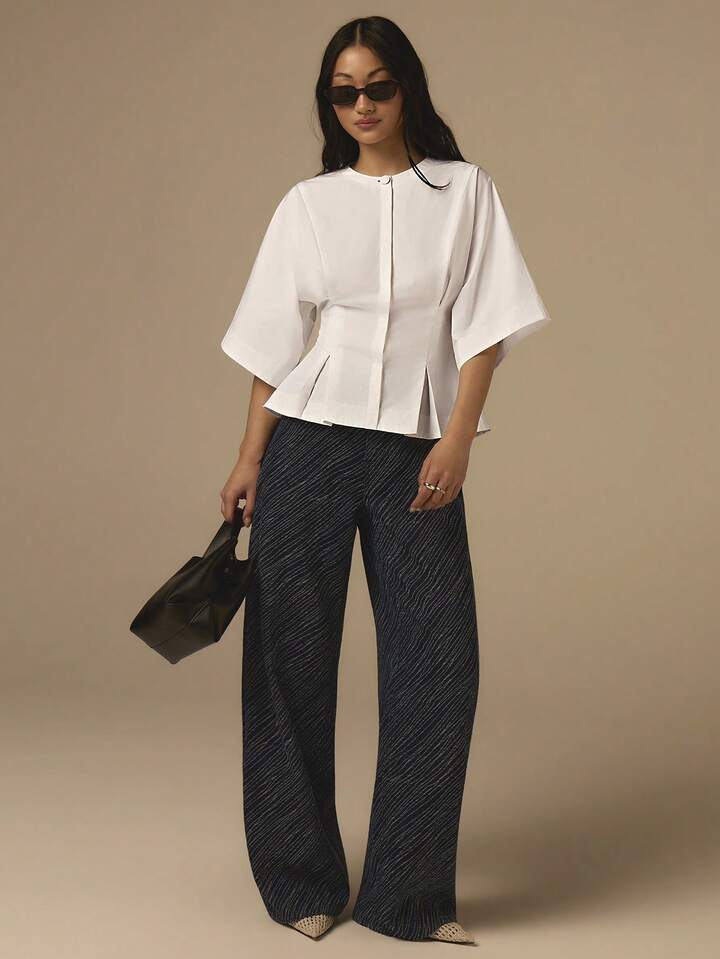 CM-TS905303 Women Casual Seoul Style Solid Color Round Neck Pleated Waist 3/4 Sleeve Blouse - White