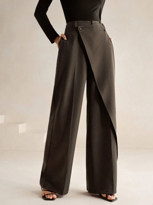 CM-BS888663 Women Elegant Seoul Style Asymmetrical Draping Cross-Wrap Pockets Straight-Leg Pants - Gray