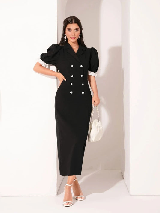 CM-DS031336 Women Elegant Seoul Style Lace Patchwork Double-Breasted Puff Sleeve Dress - Black