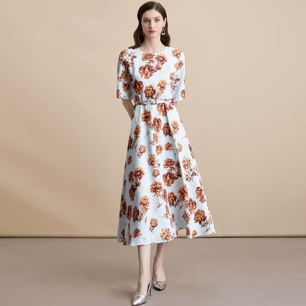 CM-DY054107 Women Elegant European Style Round Neck Short Sleeve Pinched Waist Long Dress