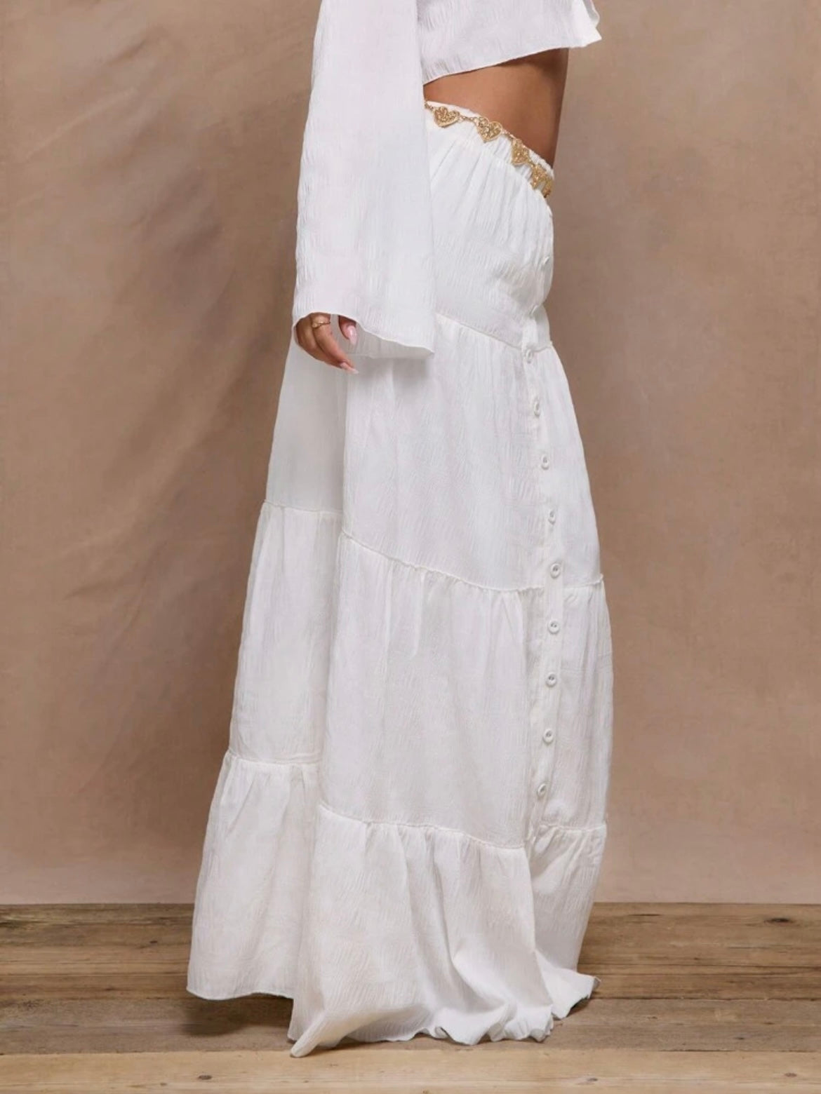 CM-BS100100 Women Trendy Bohemian Style Textured Woven Tiered Maxi Skirt - White