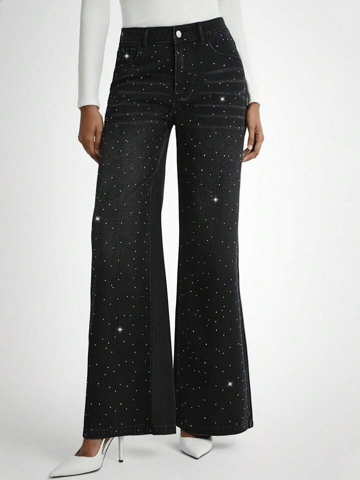 CM-BS359973 Women Casual Seoul Style Mid Waist Rhinestone Embellished Wide Leg Denim Jeans - Black
