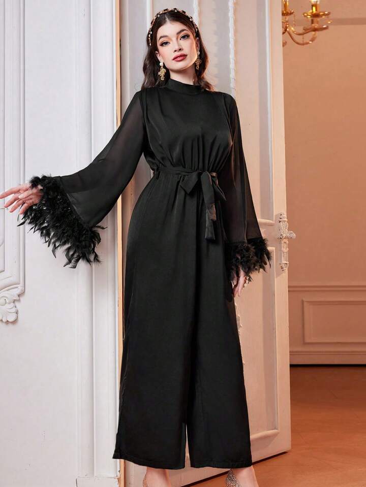 CM-JS993712 Women Elegant Seoul Style Stand Collar Fuzzy Fabric Flared Sleeve Jumpsuit - Black