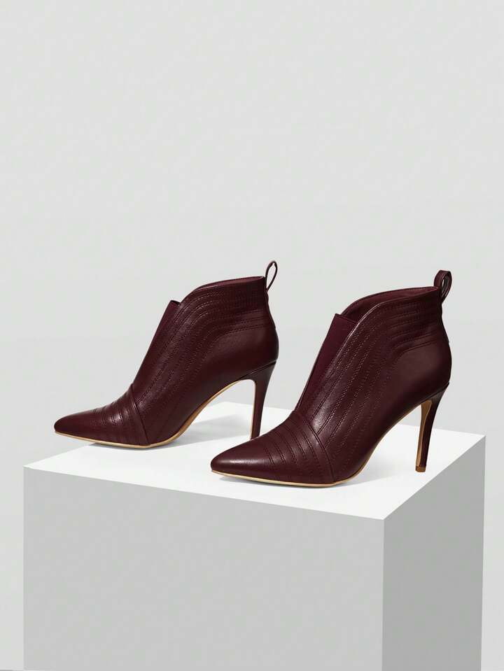 CM-SHS001358 Women Trendy Seoul Style Quilted Line Pointed Toe High Heel Ankle Boots - Burgundy