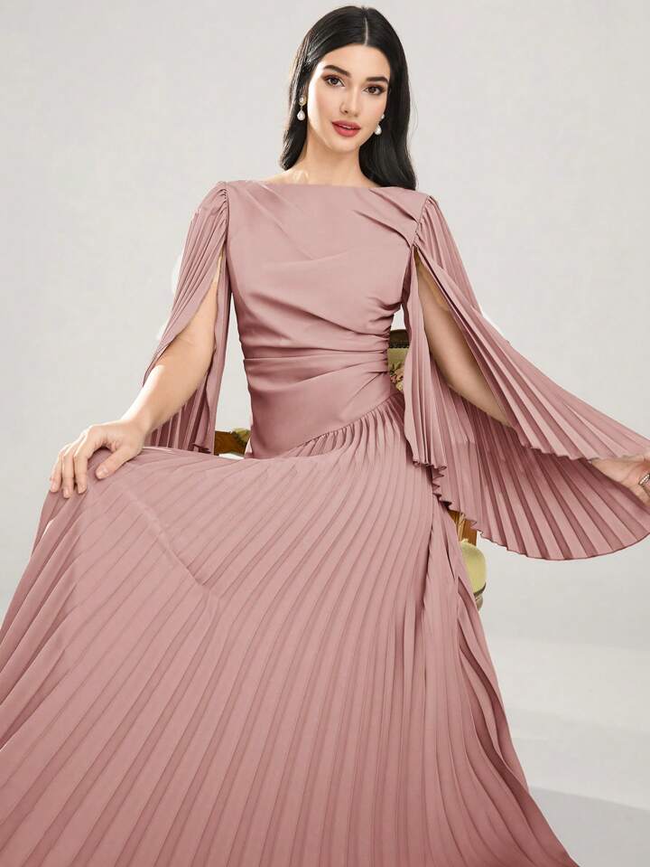 CM-DS914659 Women Elegant Seoul Style Round Neck Long Sleeve Asymmetrical Pleated Dress - Pink