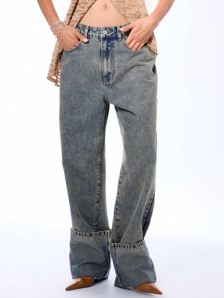 CM-BS968497 Women Casual Seoul Style Straight Leg Washed Loose Denim Trousers