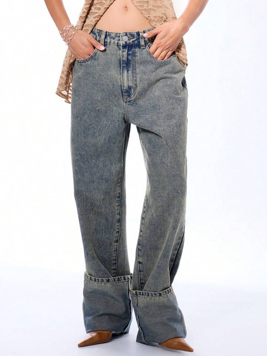 CM-BS968497 Women Casual Seoul Style Straight Leg Washed Loose Denim Trousers
