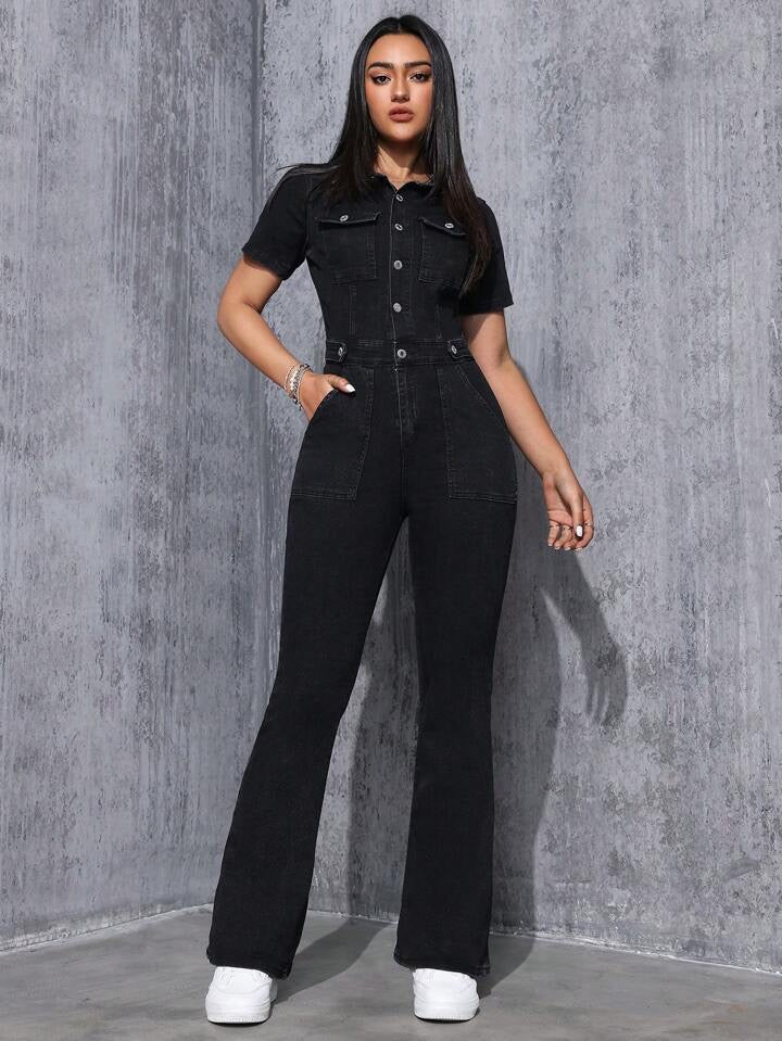 CM-JS929897 Women Casual Seoul Style Collar Neckline Button Fly Flared Legs Denim Jumpsuit - Black