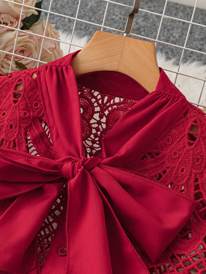 CM-TS420704 Women Elegant Seoul Style Lace Trim Bow Collar Embroidery Bishop Sleeve Blouse - Red