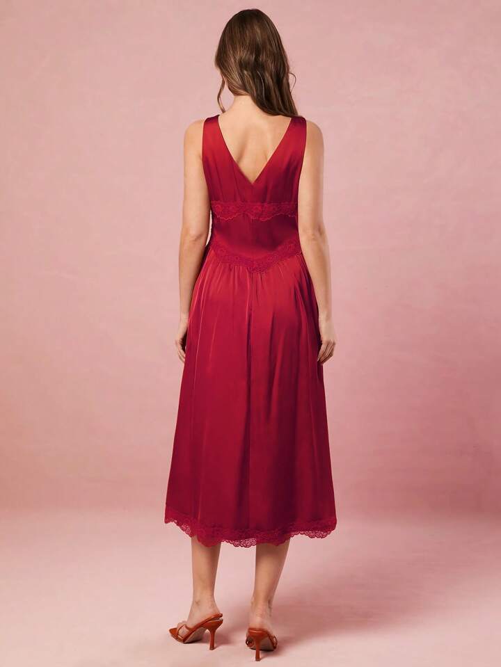 CM-DS244034 Women Elegant Seoul Style V-Neck Sleeveless Lace Patchwork High Waist Midi Dress - Red