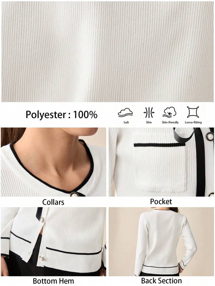 CM-CS945558 Women Casual Seoul Style White Bow Accent Contrast Collar Long Sleeve Cardigan