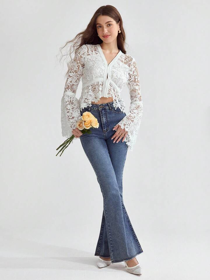 CM-TS566079 Women Elegant Seoul Style Solid Color V-Neck Hollow Out Long Sleeve Top - White