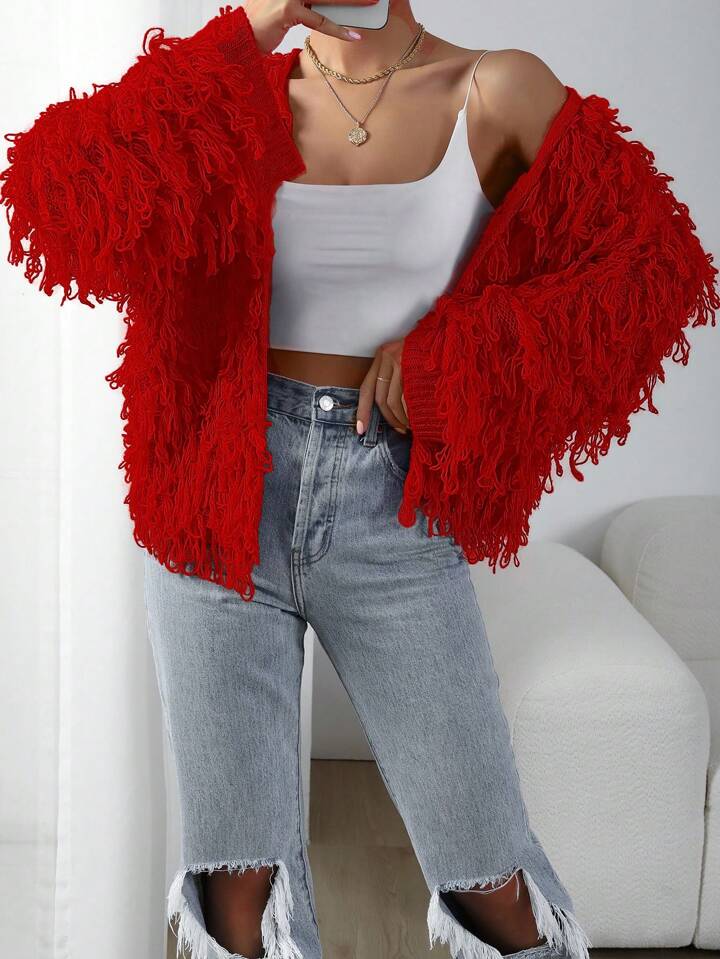CM-CS196292 Women Casual Seoul Style Long Sleeve Shaggy Knit Duster Cardigan - Red