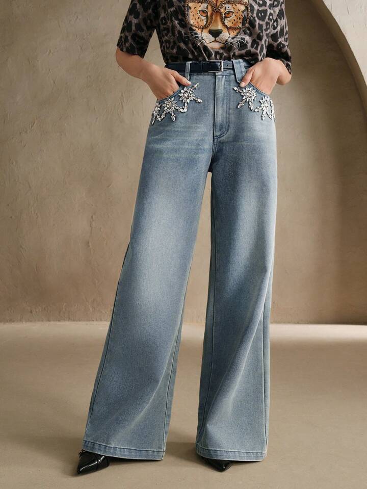 CM-BS111812 Women Casual Seoul Style Light Wash Distressed Rhinestone Embellished Belt Loop Denim Jeans