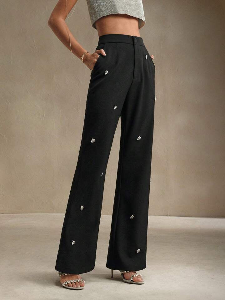 CM-BS180400 Women Elegant Seoul StyleRhinestone Embellished Flare-Leg Pants - Black