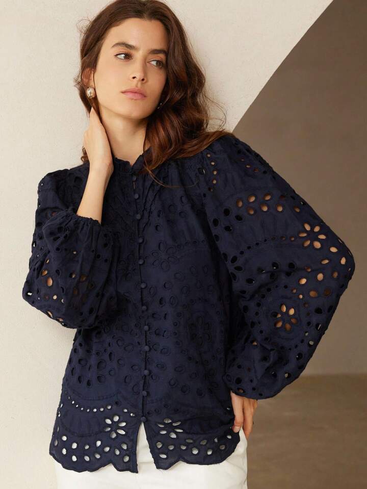 CM-TS724164 Women Trendy Bohemian Style Embroidered Hollow-Out Pleated Front Long Sleeve Blouse - Navy Blue