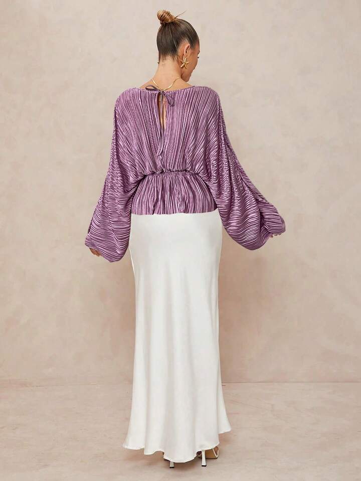 CM-TS286983 Women Elegant Seoul Style Deep V-Neck Long Sleeve Loose Fit Ruffled Hem  Oversized Blouse - Dusty Pink