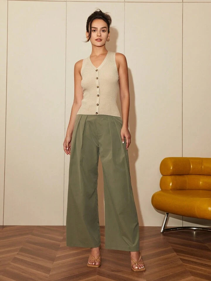 CM-BS394412 Women Elegant Seoul Style Pleated Wide Leg Suit Pants - Army Green